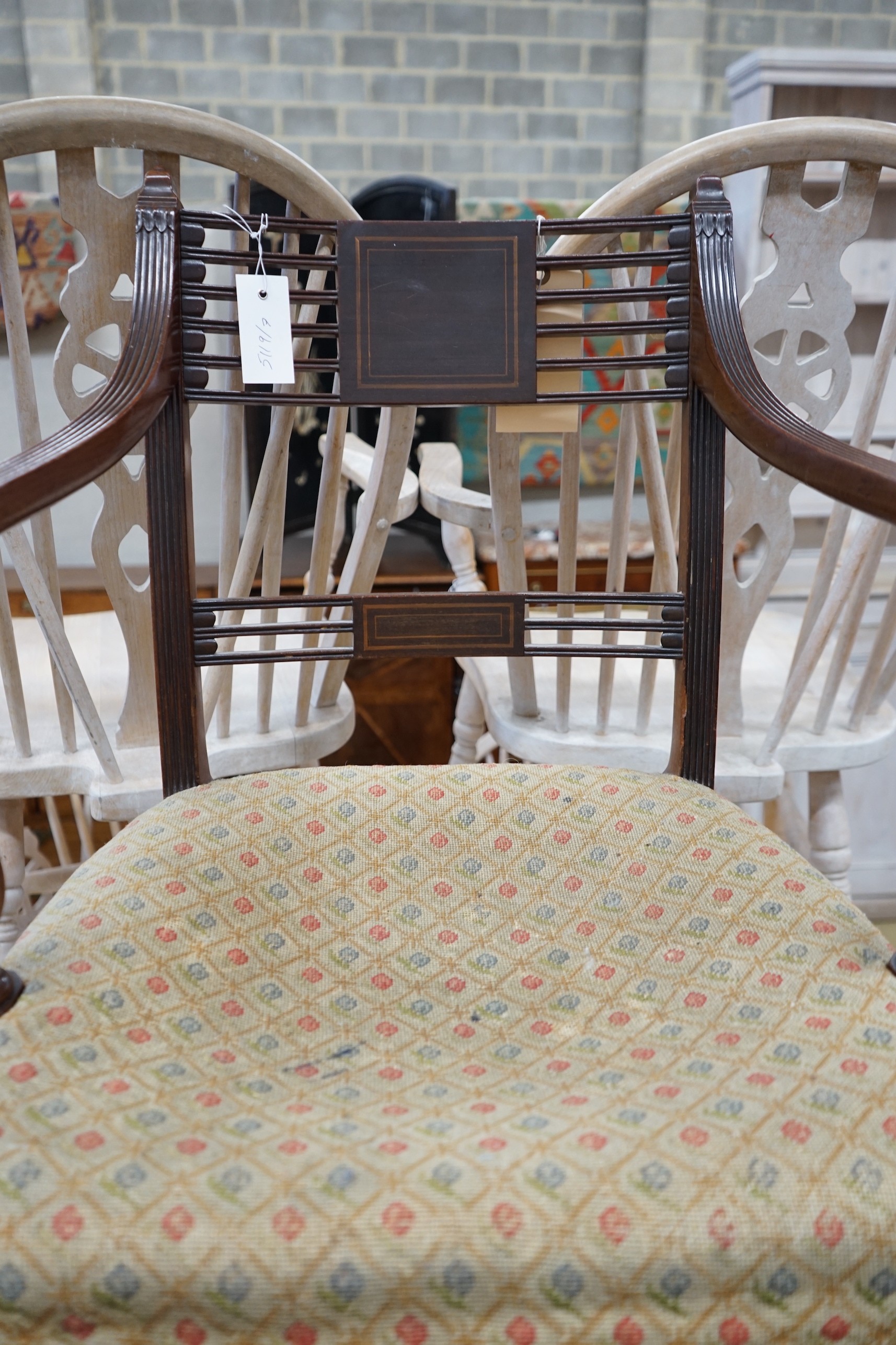 A George III mahogany elbow chair, width 51cm, depth 44cm, height 92cm